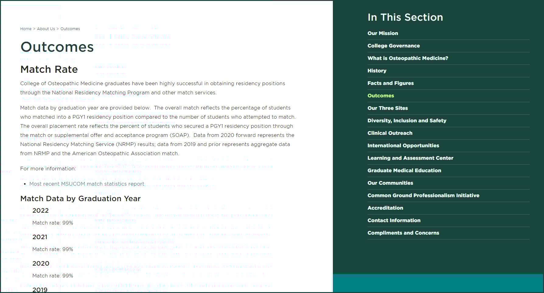 Screenshot of the osteopathic medicine program home page that features outcomes and match rate information.