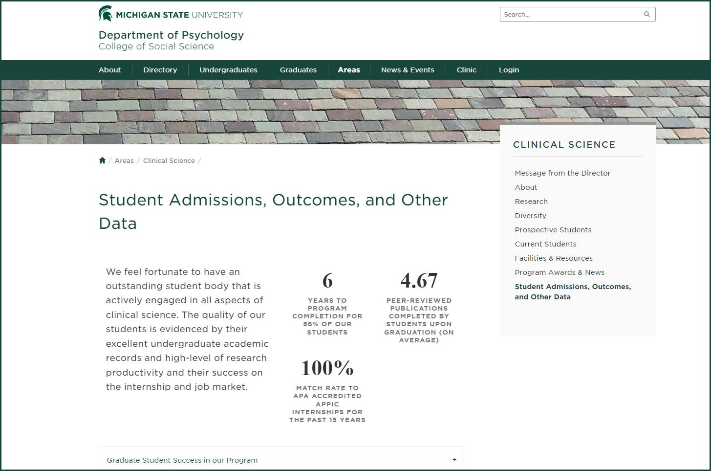Screenshot of the college of social sciences webpage that features admissions, outcomes and other data.