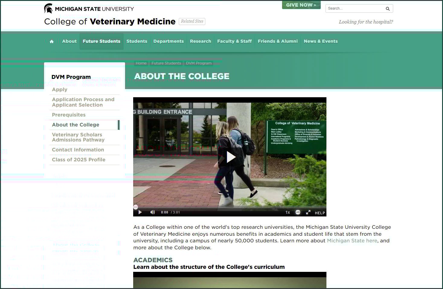 Screenshot of the veterinary medicine program homepage that feature a large embedded video with the play button visible.