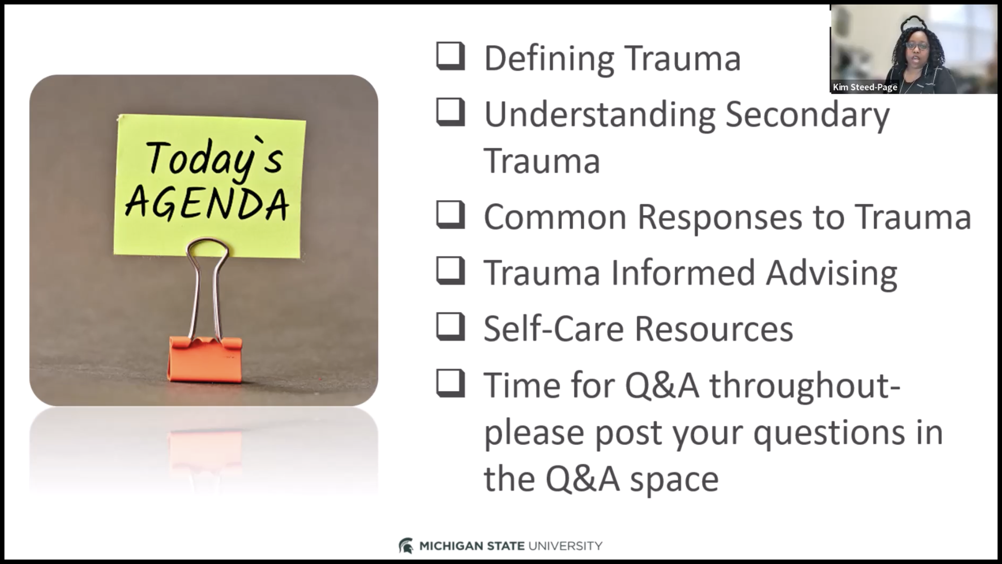Screenshot from training video showing the agenda: defining trauma, understanding secondary trauma, common responses to trauma, trauma informed advising, self-care resources, and Q and A.