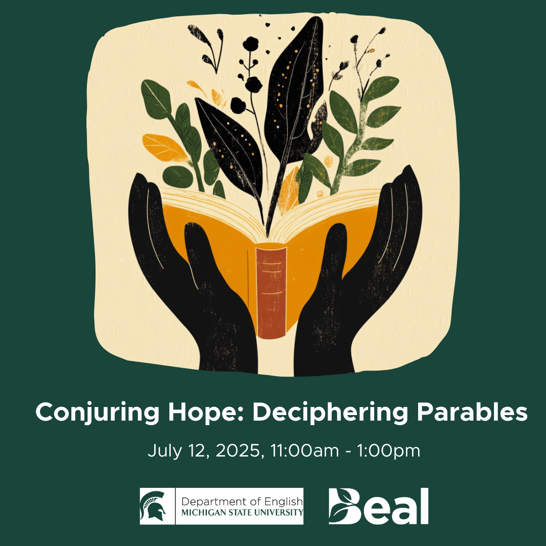 promotional graphic for Conjuring Hope: Deciphering Parables event featuring an image of hands holding a book full of growing plants
