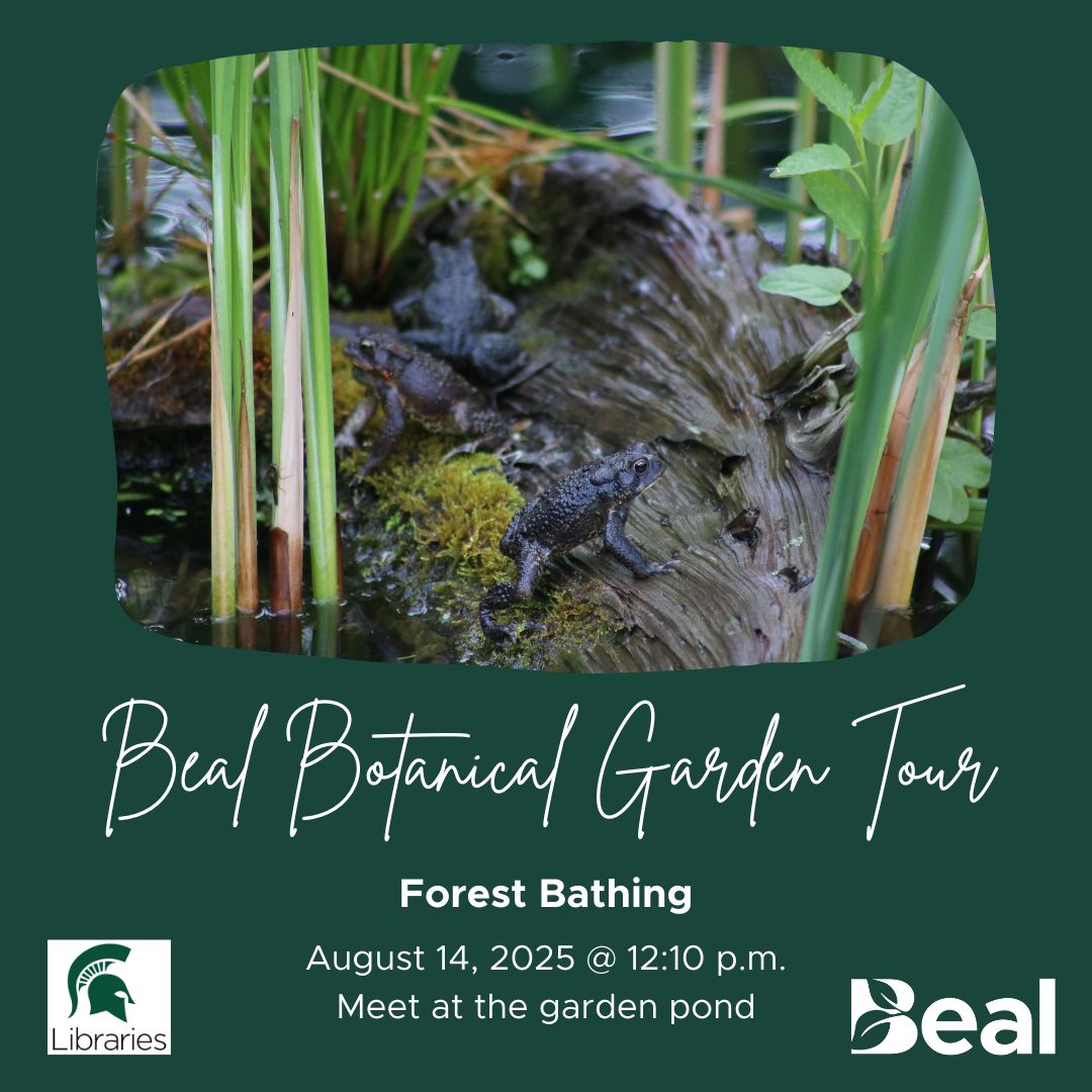 promotional graphic featuring photo of dark colored frogs on a log in a marshy pond