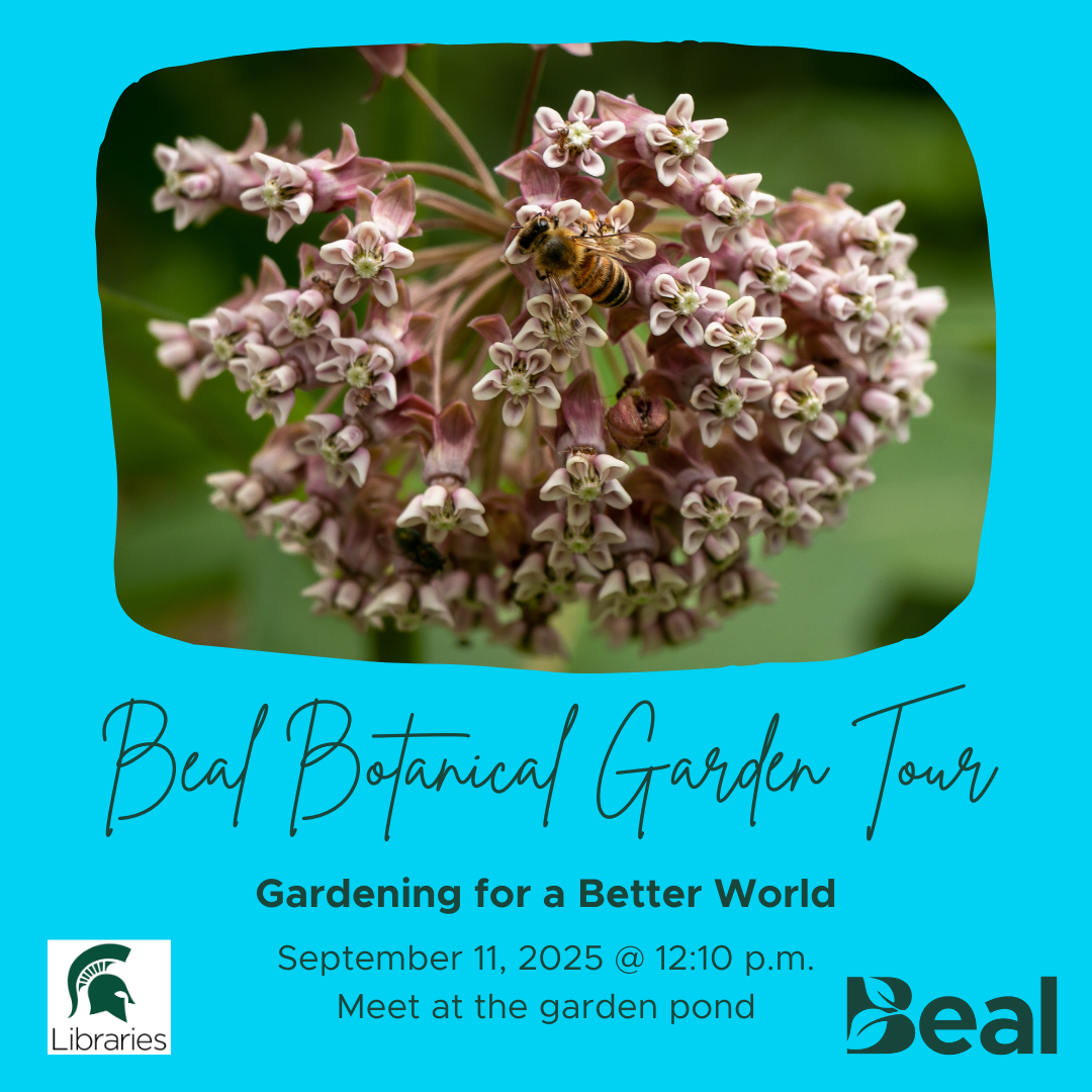 promotional graphic featuring photo of a cluster of pink milkweed flowers