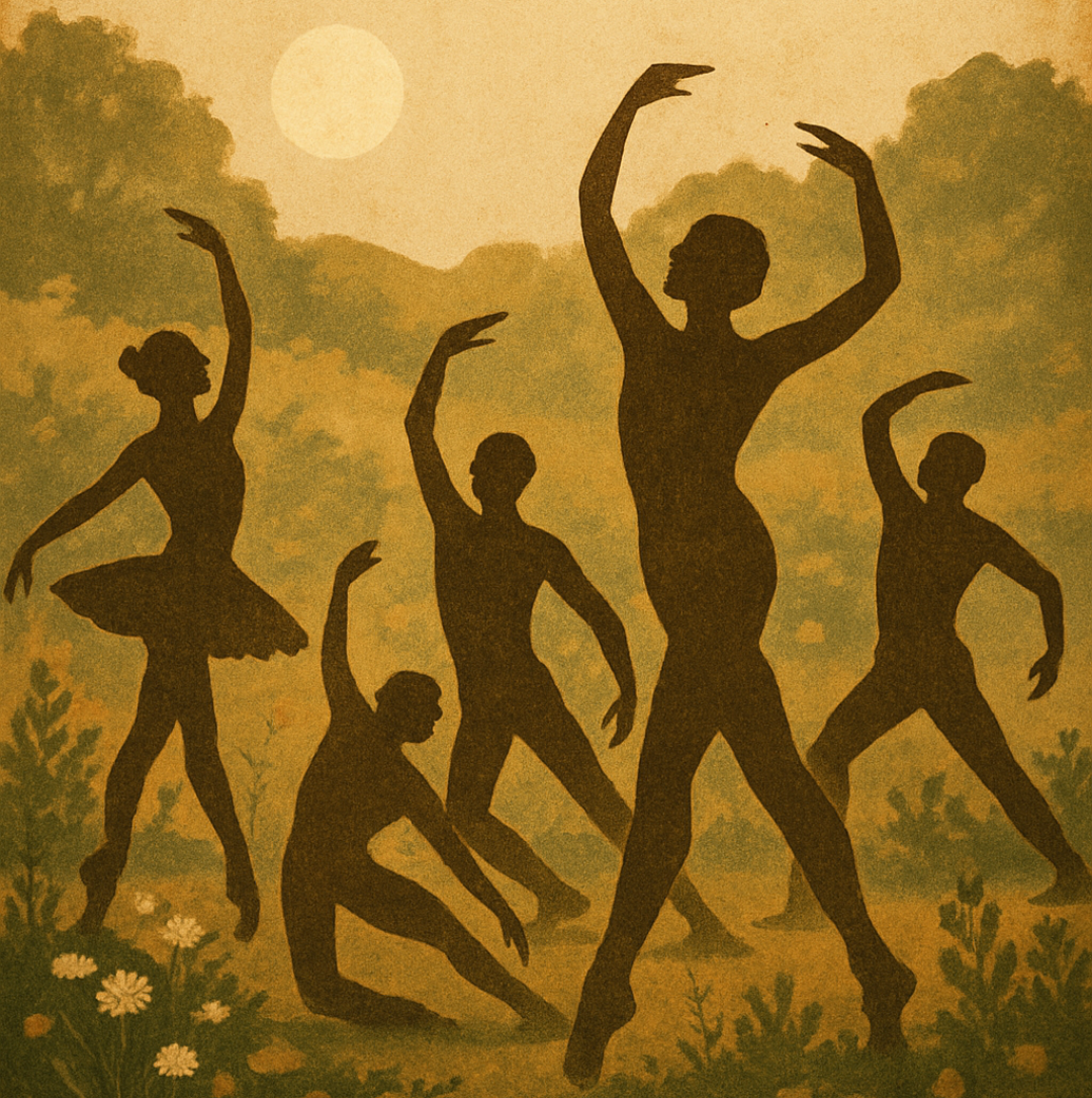 silhouettes of people dancing in a garden at sunset