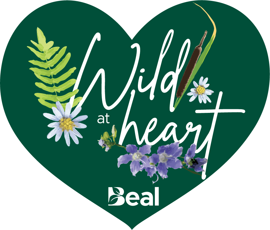 a green heart with flower designs around the words Wild at Heart