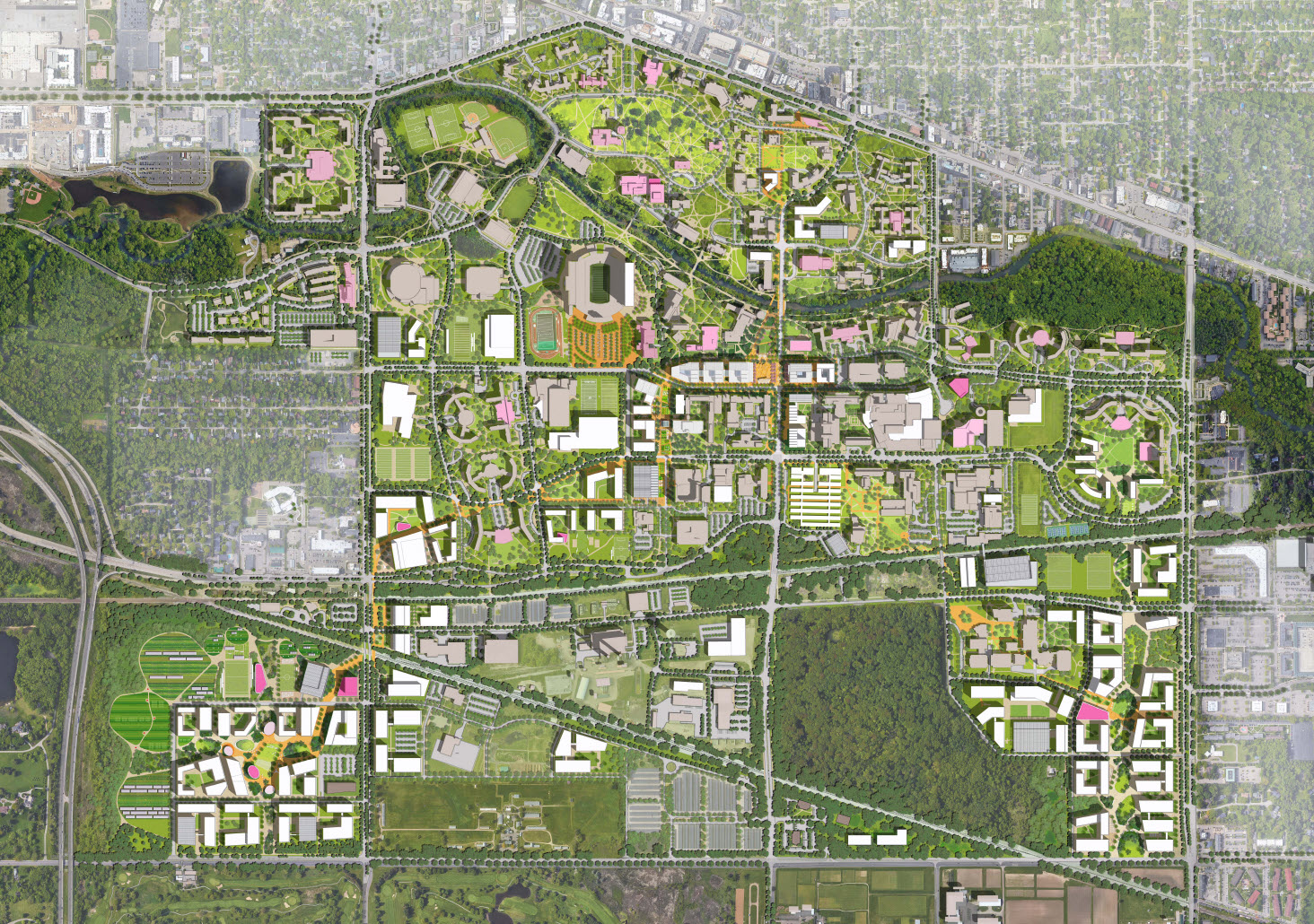 aerial rendering of MSU's campus