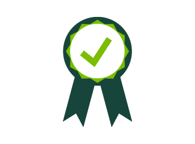 A graphic illustration of a dark green award ribbon. The dark green circle, with two ribbon tails, has a lighter green ring of star points bordering a white circle. There is a light green checkmark in the middle of the circle.