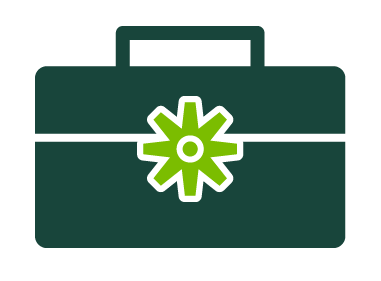 A dark green toolkit illustration, with a light green gear shape on the front of the box.