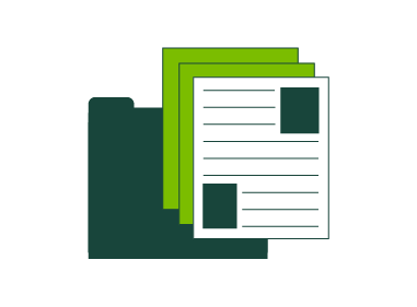 A dark green file folder icon, with three pages in front of it, illustrating documentation.