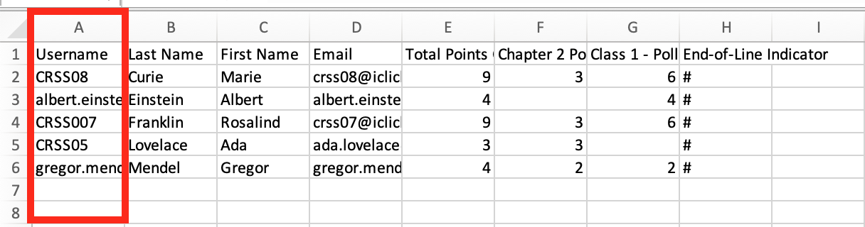 iClicker spreadsheet