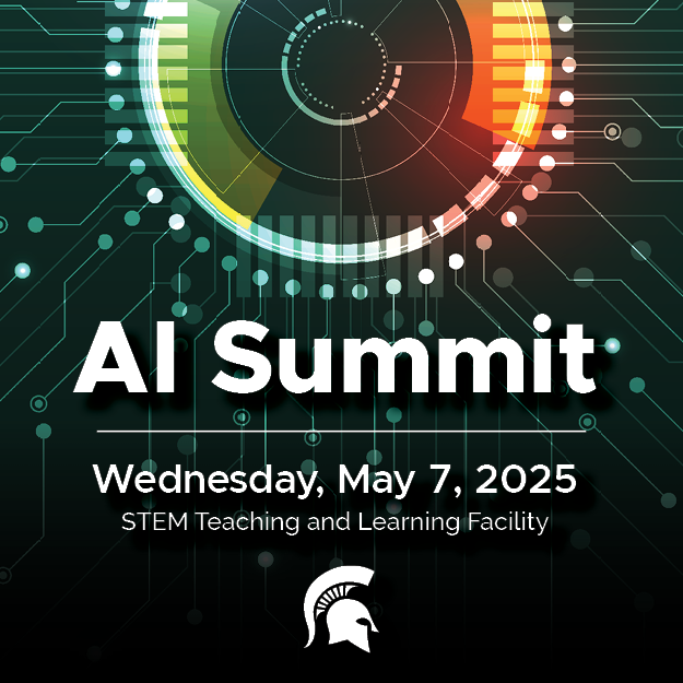 Colorful circular graphic on a dark background that says, "AI Summit. Wednesday, May 7, 2025, STEM Teaching and Learning Facility."
