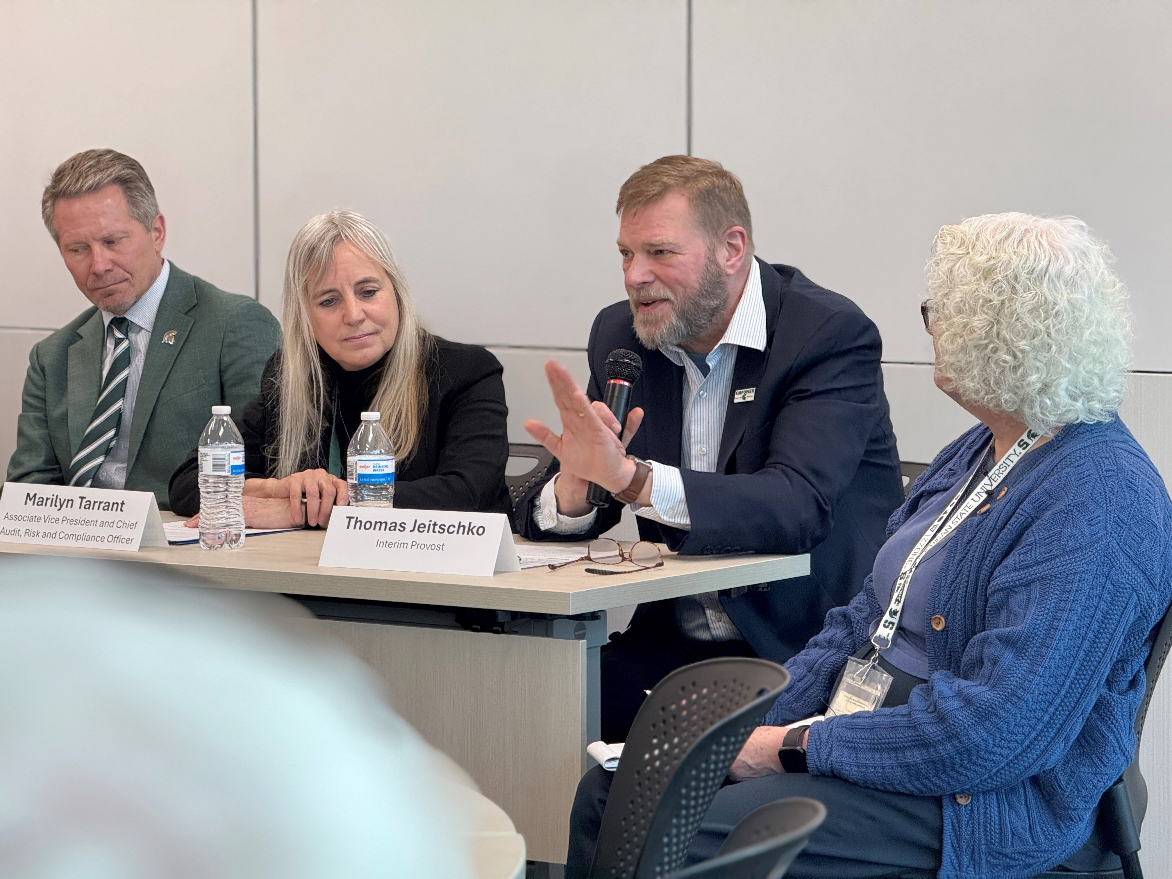MSU Interim Provost Thomas Jeitschko responds to a question during the Ethics Week 2025 leadership panel.