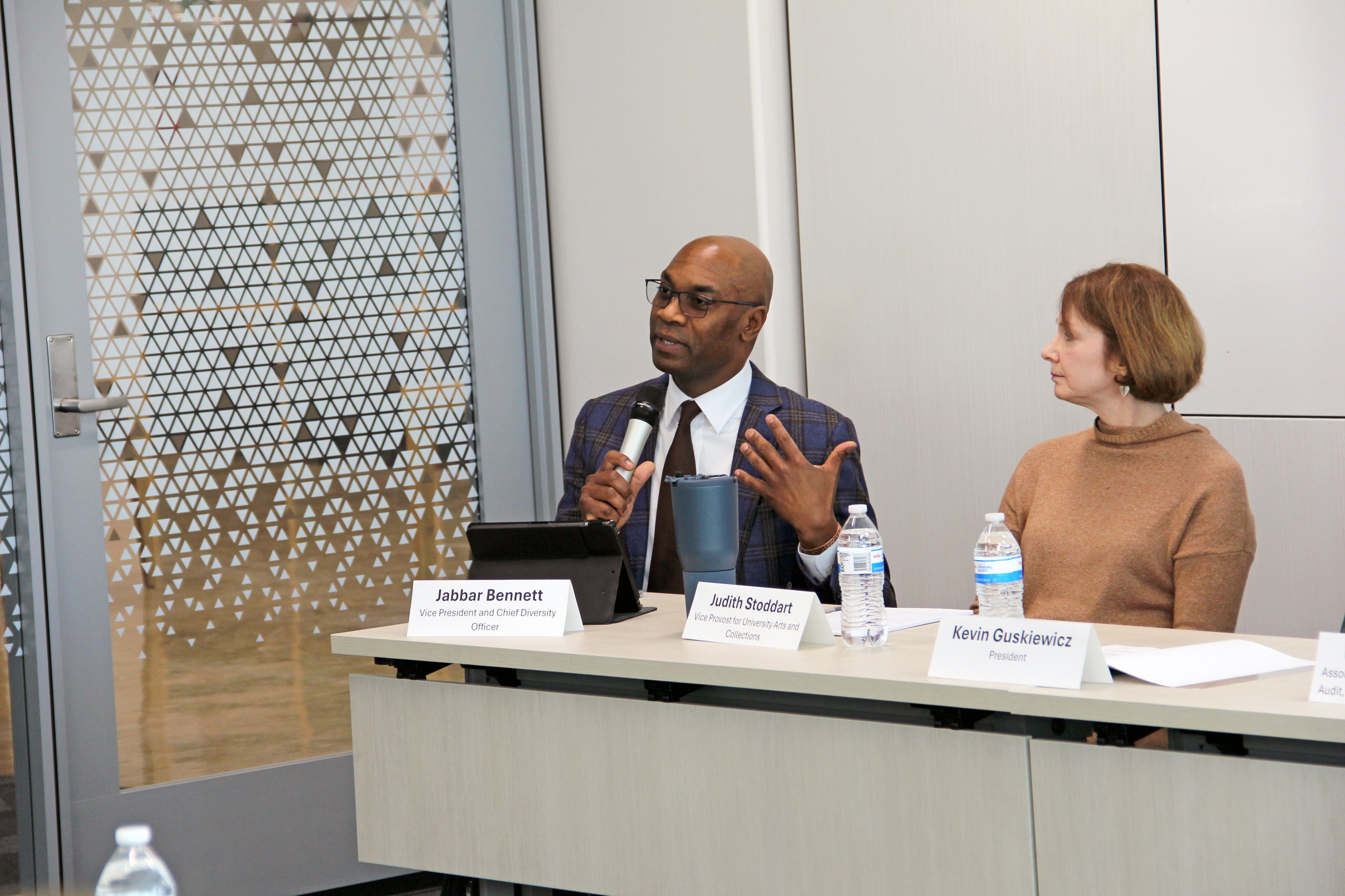 MSU's vice president and chief diversity officer Jabbar Bennett responds to a question during the Ethics Week 2025 leadership panel.