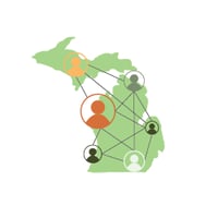 light green Michigan with people icons with lines connecting them spread across the state.