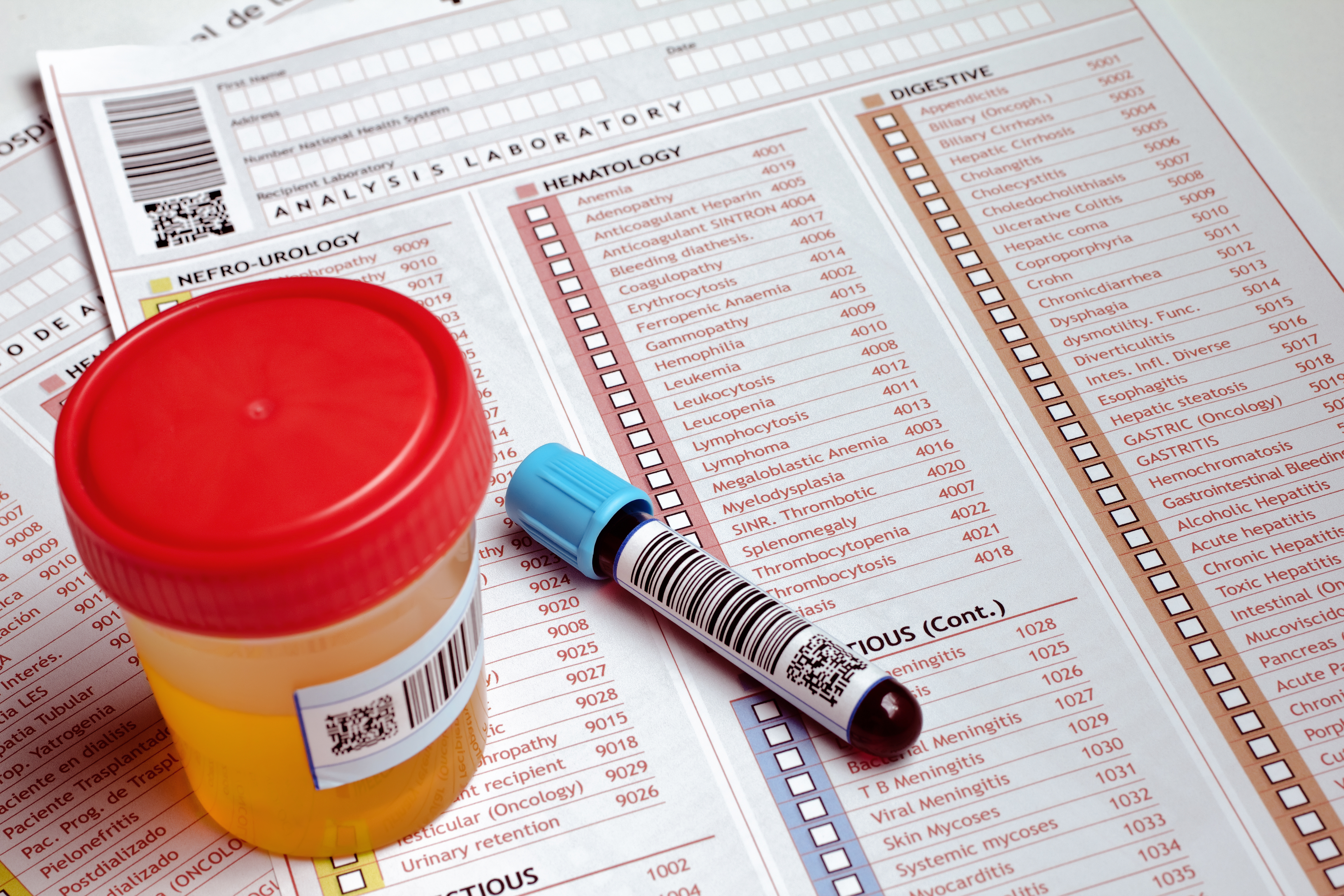 urine sample, blood draw and screening papers. 