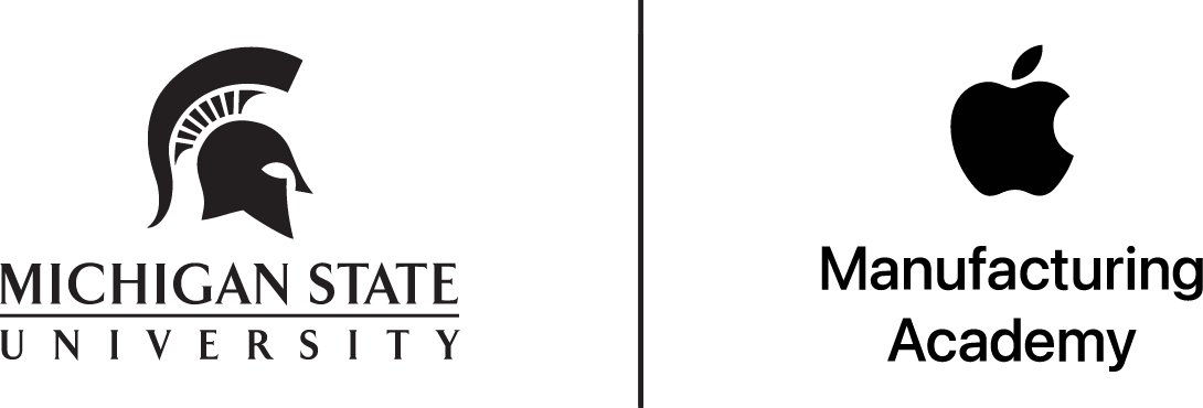 Spartan head logo with Michigan State University written beneath it and Apple's logo with Manufacturing Academy written beneath it.