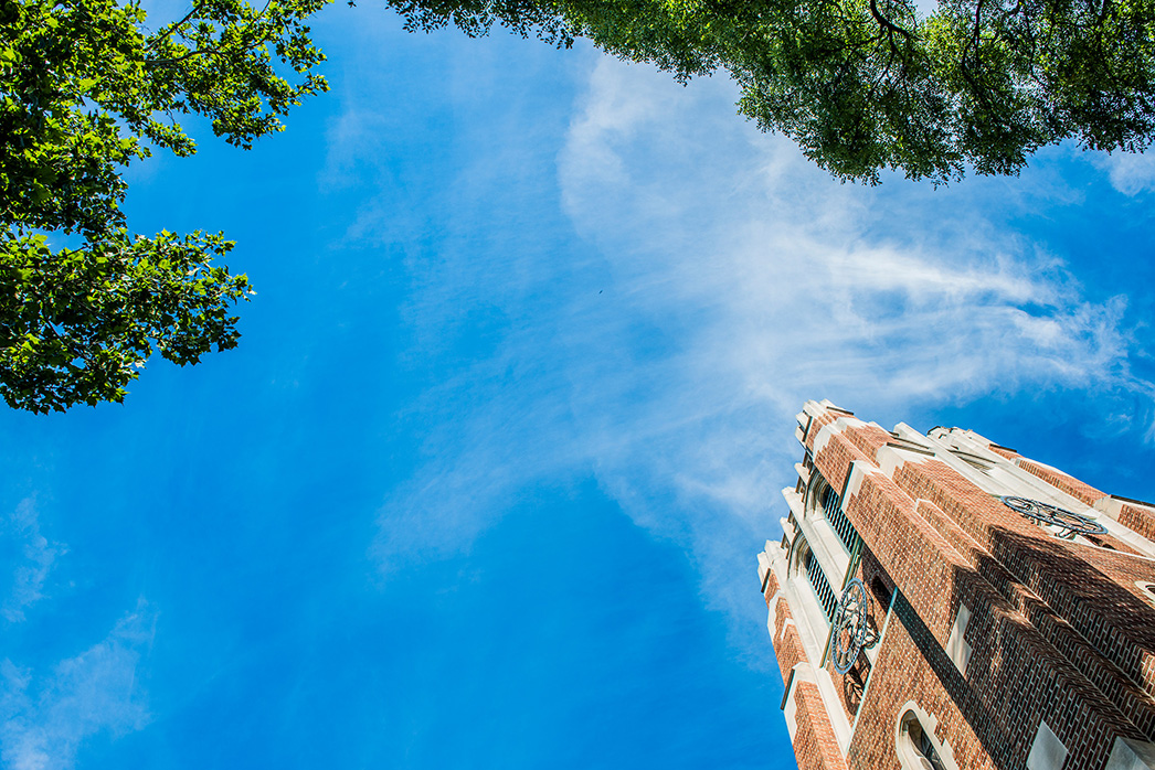 A photograph of Beaumont Tower taken looking up and at an angle. The Tower pokes into the image from the right lower corner. Trees line the top of the frame. The sky is a bright clear blue.