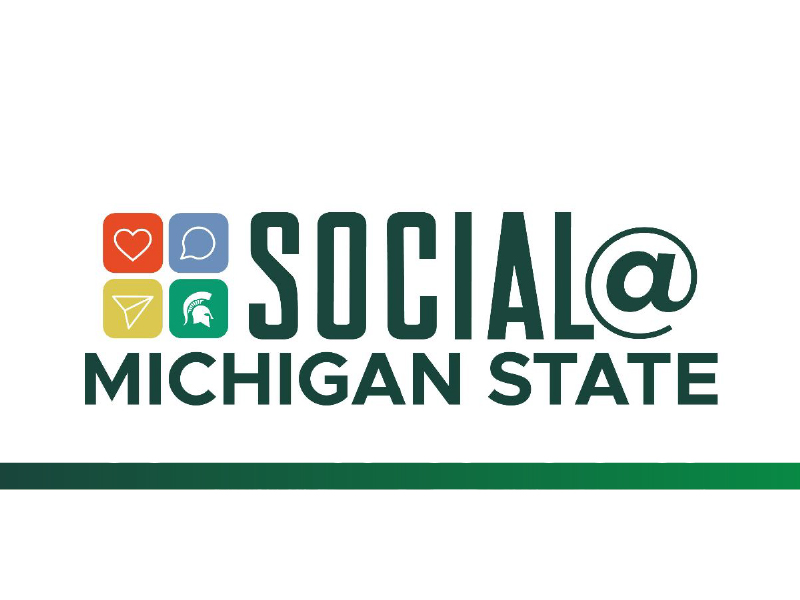 A white box with a green line near the bottom. Above the link, green text reads "Social @ Michigan State". Four square icons show a heart on a red square, chat bubble on a blue square, paper airplane on a yellow square, and white Spartan helmet on a green box.