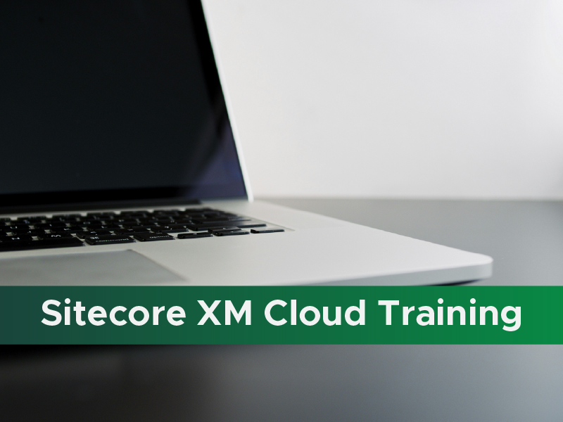 A laptop with a green stripe graphic overlay and white text reading "Sitecore XM Cloud Training"