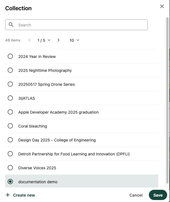 Screenshot of the collection selection dropdown menu