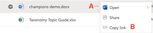 A drop-down menu with options to Open, Share and Copy link.