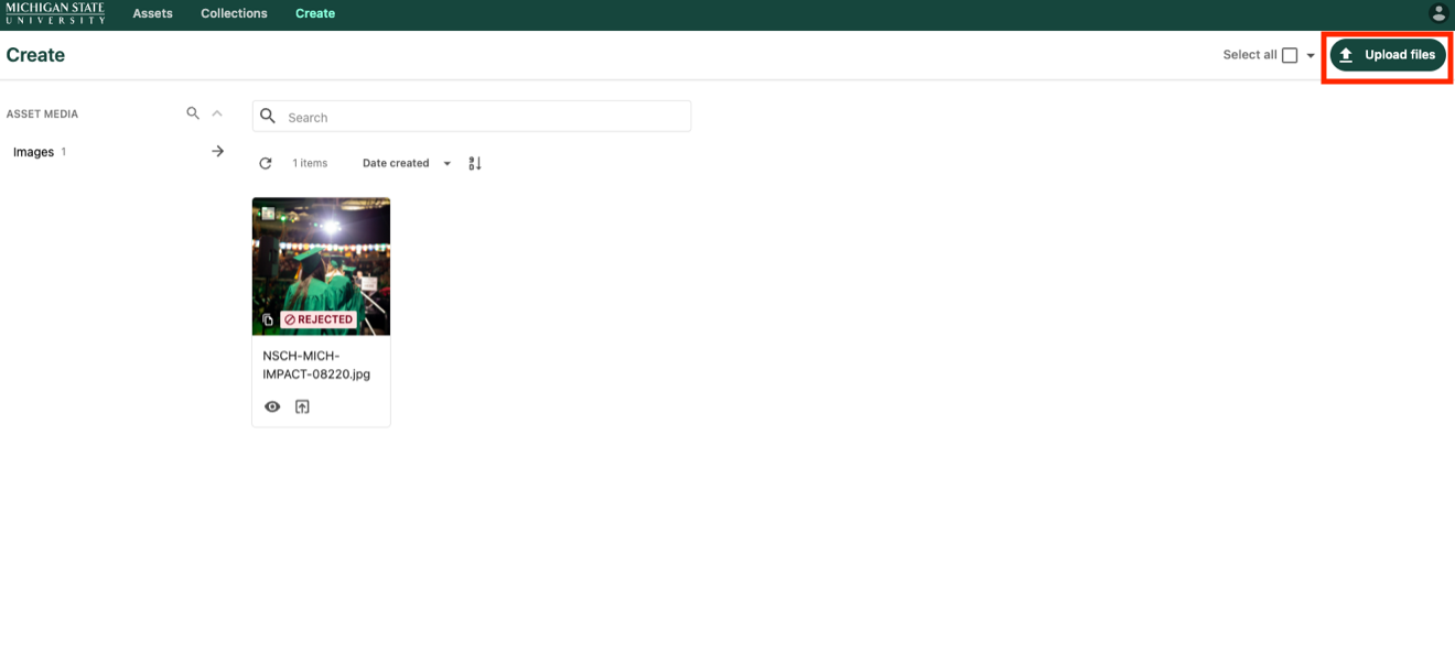Screenshot of the DAM with the Upload file button marked with red box