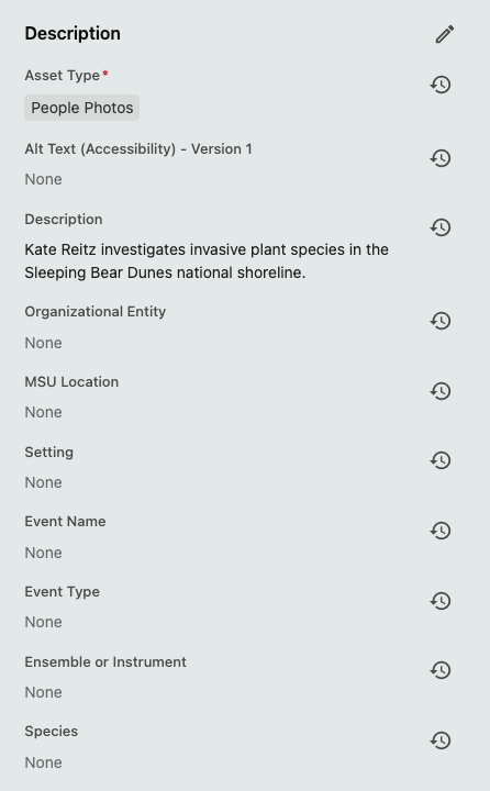 Screenshot of the taxonomy fields under the Description column