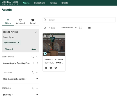 The Assets page shows search results with a Sports Events value under the Event Types filter applied. 