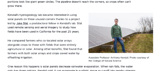 A block of text appears on the left, with an image of a man wearing a green shirt standing in a field in front of solar panels on the right.