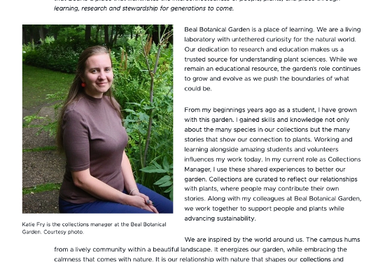 A photo of a woman wearing a brown short sleeve shirt and sitting in front of some trees is on the left. On the right is a block of text. 