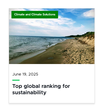 A small horizontal image of a sand dune and beach next to a large body of water spans the top of a rectangle. A small green box with white text reading 
