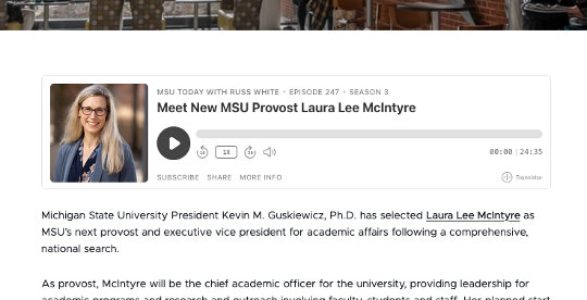 A screenshot of a story page with a podcast player embeded on it, followed by story text.