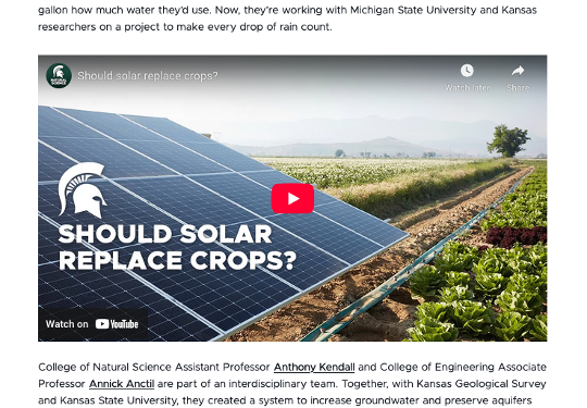 A video thumbnail image between two blocks of text. The image shows solar panels in a field. A white Spartan helmet and white bold text reading 