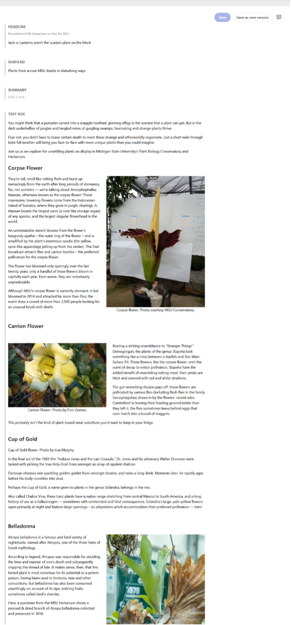 A screenshot of a sample story layout in Content Hub's data fields