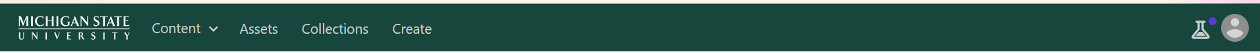 The navigation bar in Content Hub for a content author shows Content, Assets, Collections and Create as tab options.