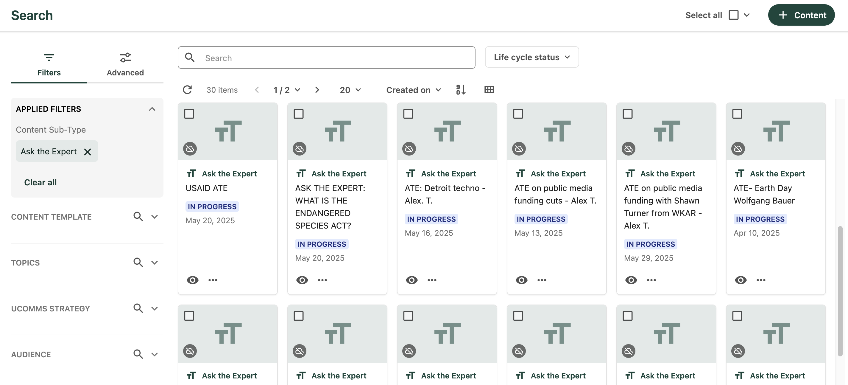 The Search page shows a tile for each content item and various filters and a search bar for narrowing down results.
