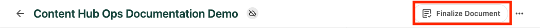 The Finalize Document button appears on the right side of the toolbar with the content item name on the left.
