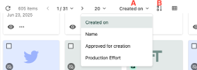 The Search page can be sorted by field like Created on, Name, Approved for creation and Production Effort