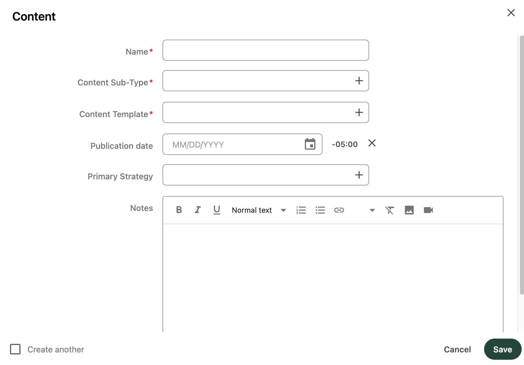 The content creation panel requires selection a content sub-type and template.