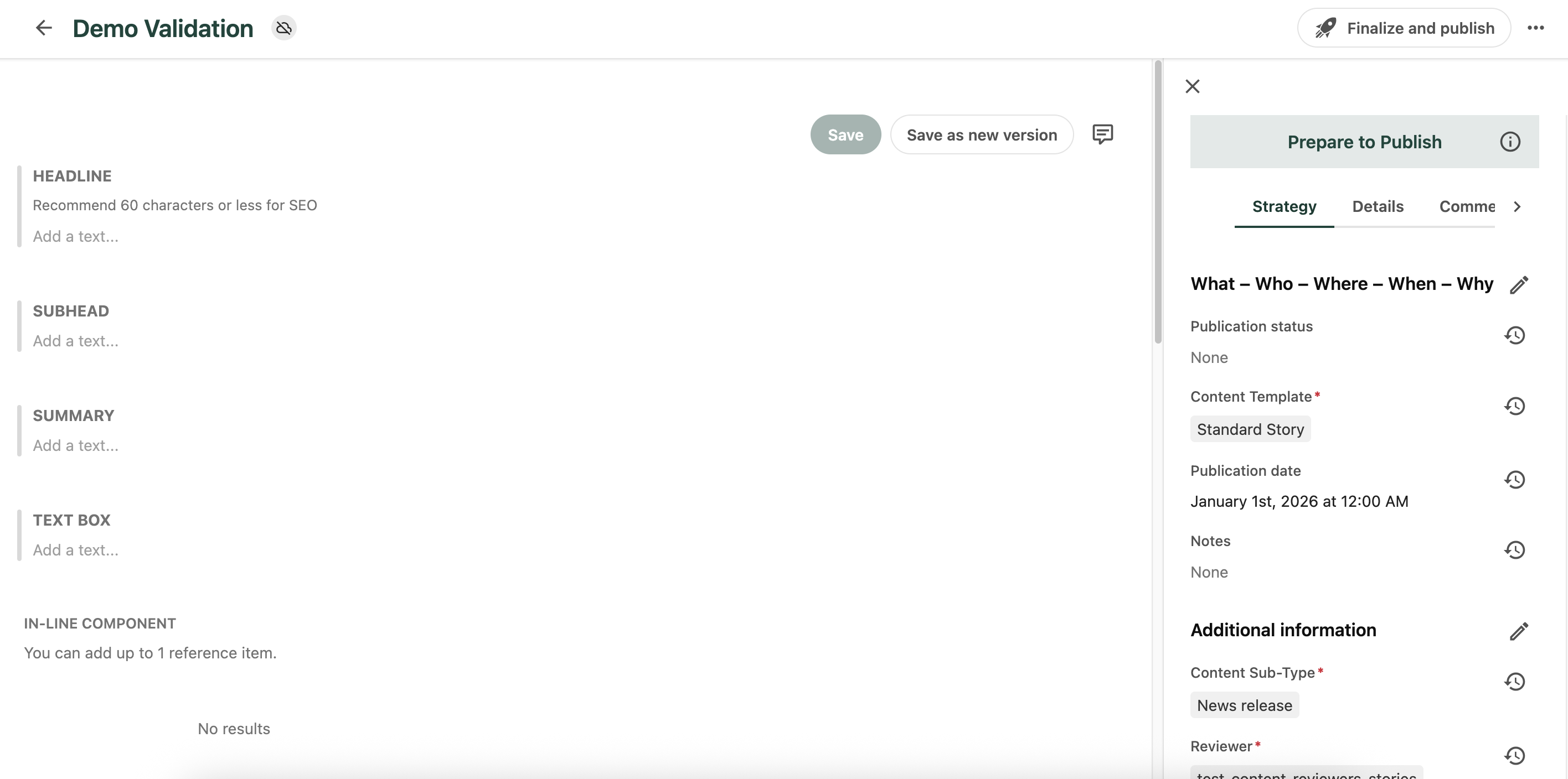 The content panel includes a copy area and a strategy area.