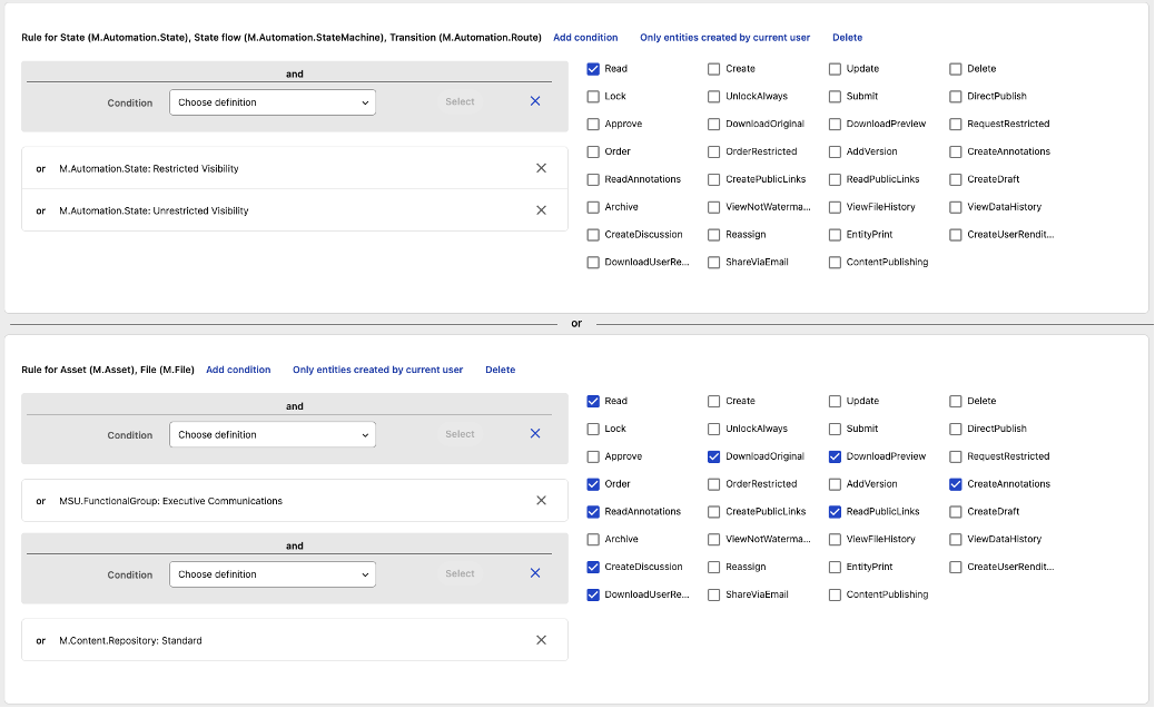 Visibility group permission settings example