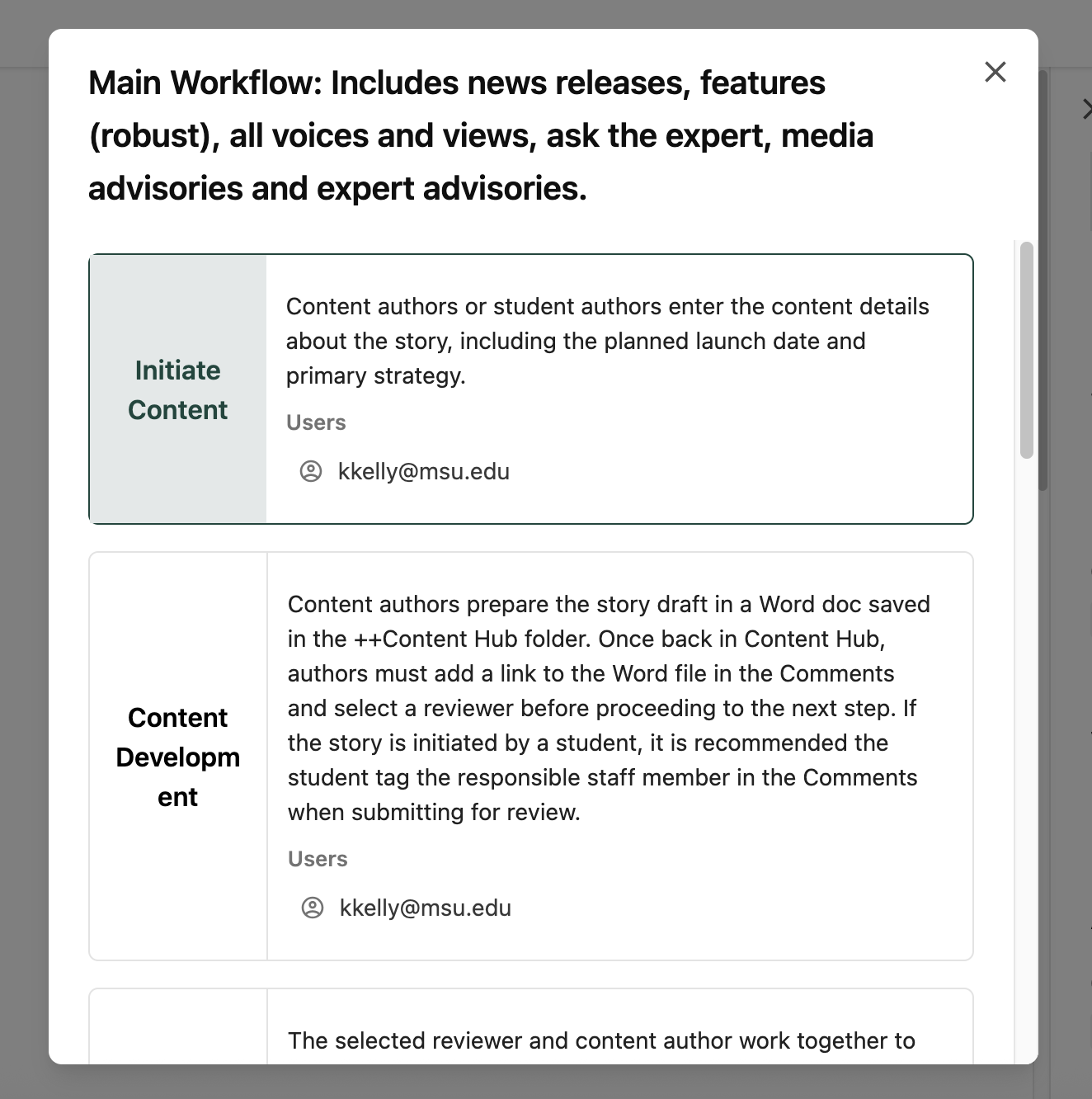 The workflow information icon reveals information about the workflow for this content item.
