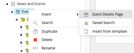 A screenshot of the Content Editor tree expanded to News and Events, then Events, then 2025, with Insert and Event Details Page selected