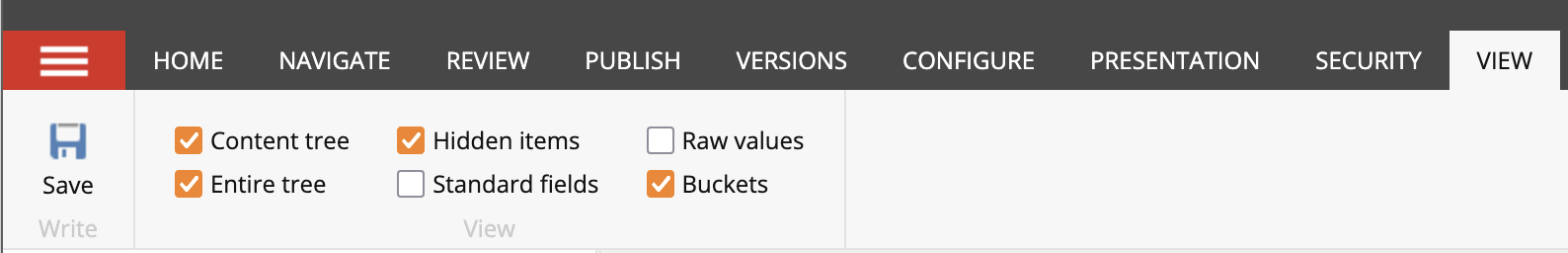 Screenshot of the View tab in the Content Editor navigation ribbon showing that Content Tree, Entire Tree, Hidden Items and Buckets are checked so they will display