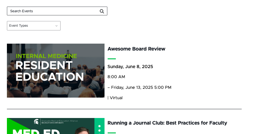 Screenshot of an events listing page with a search box and event type filter visible