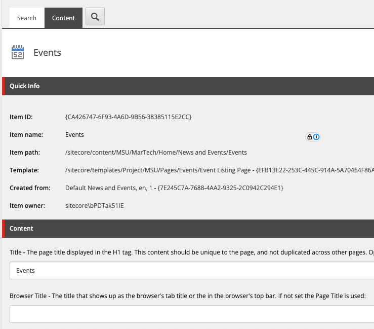 Screenshot of the content tab of the Events Listing page in Content Editor showing the page title field