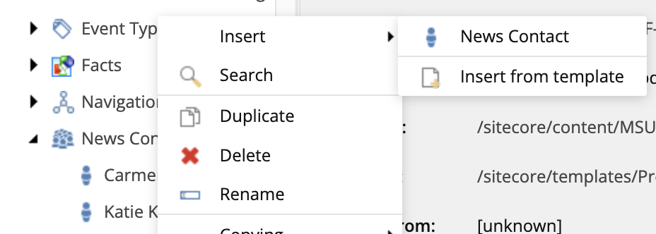 A screenshot of the Sitecore content tree showing News Contacts, then Insert, then News Contact selected