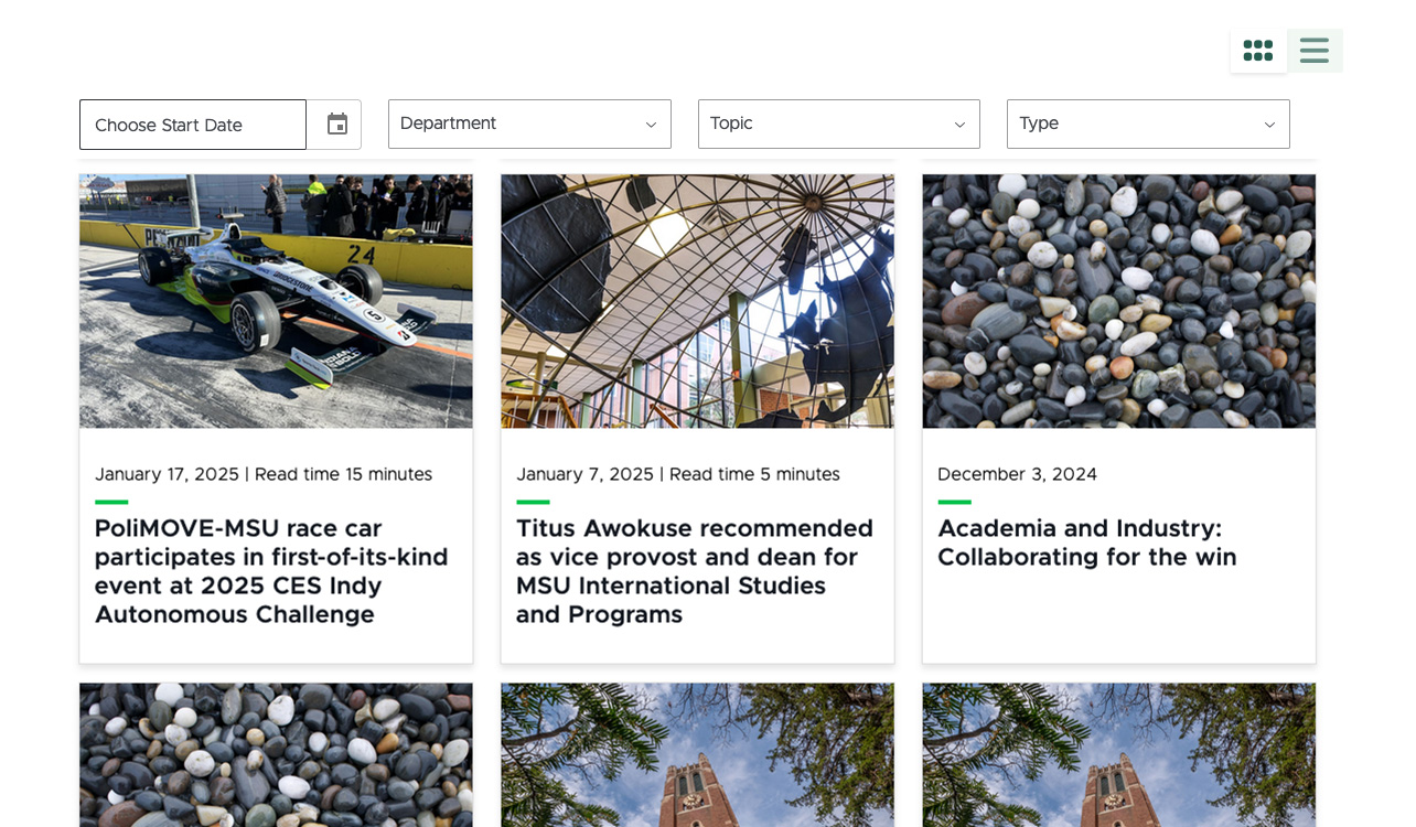 A screenshot of a news listing grid page, showing four filters and six story tiles