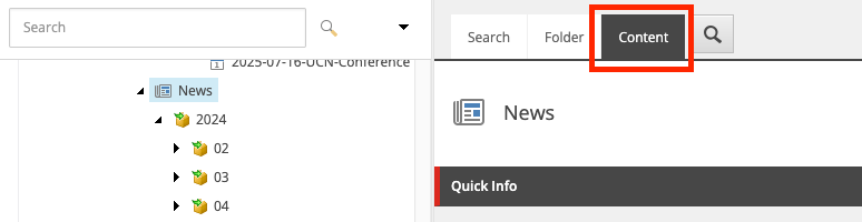 A screenshot of the Content Editor tree opened to News listing page, with the 