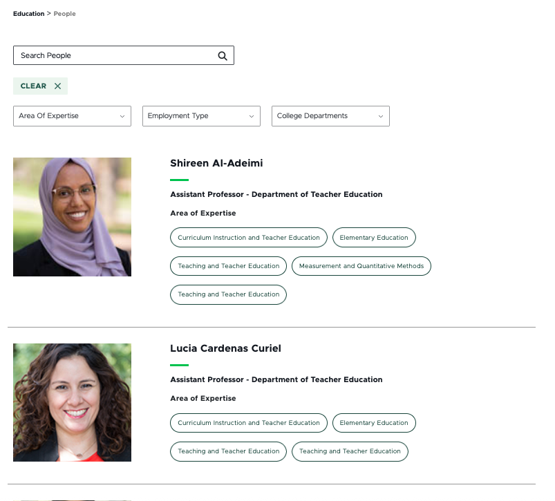 Screenshot from the College of Education people listing page